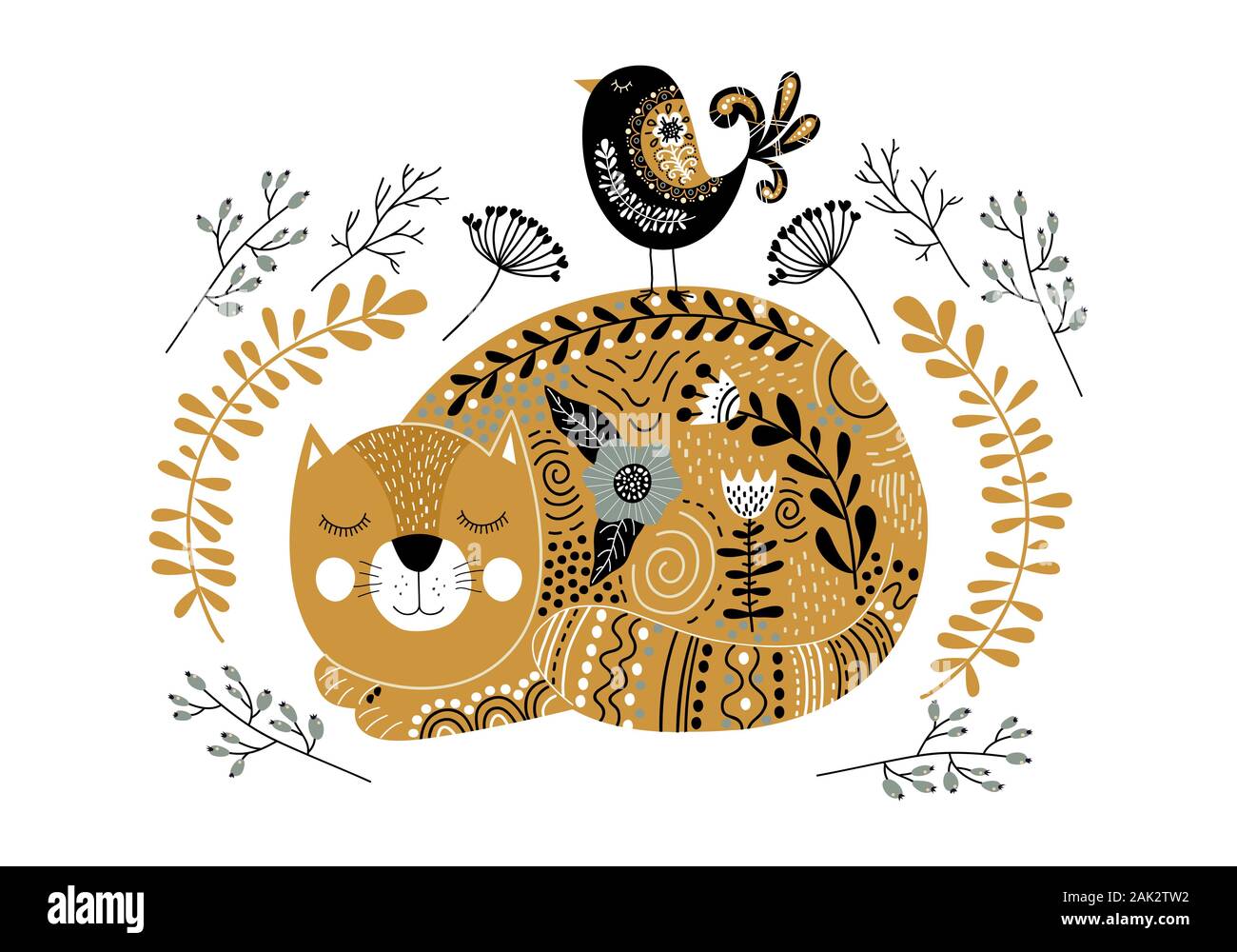 Arte vettore illustrazione monocromatica con cute cat, uccelli e fiori in stile scandinavo su uno sfondo bianco. Illustrazione Vettoriale