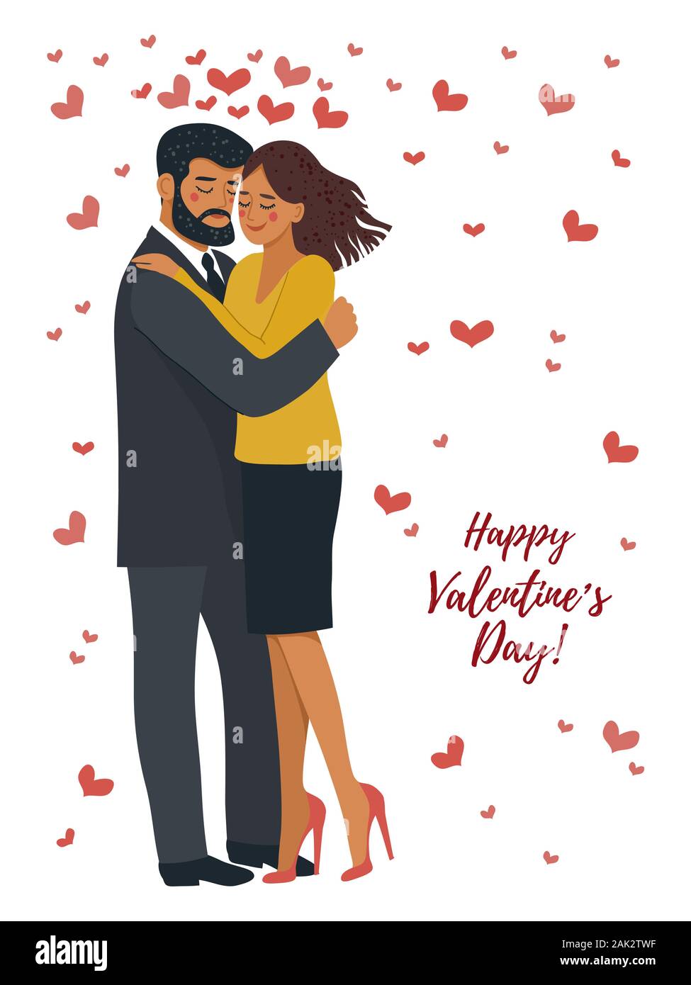 Isolato su sfondo bianco abbracciando giovane in amore con molti cuori. Carino il giorno di san valentino illustrazione vettoriale Illustrazione Vettoriale