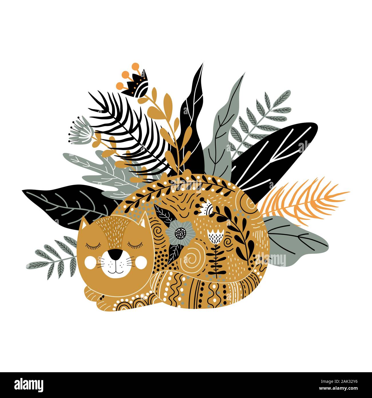 Vettore d'arte monocromatica illustrazione isolato con simpatico gatto pelo, fiori ed erba in stile scandinavo. Illustrazioni per la decorazione di interni e f Illustrazione Vettoriale