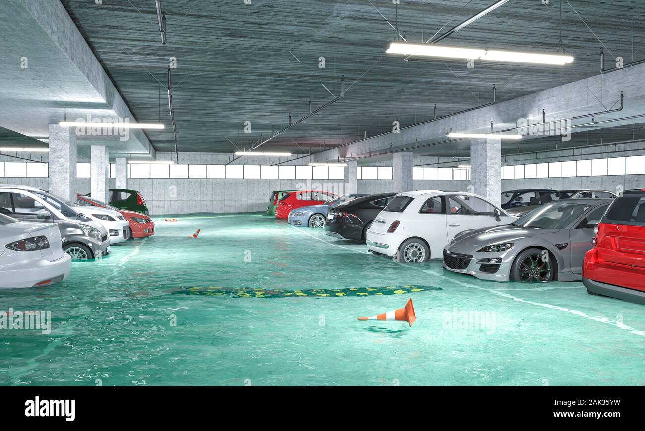 3D render image di un invaso sotterraneo parcheggio. disastro e concetto di prevenzione. Foto Stock