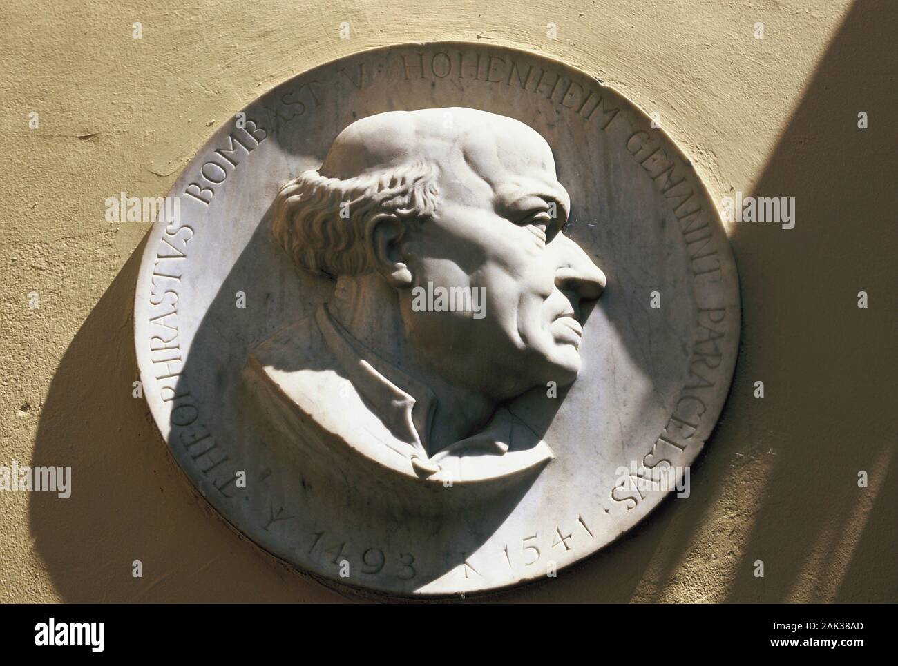 Al Paracelsus-Court a Villach, Austria, Paracelsus-Head si trova su una pietra-medaglione. Paracelso, Philipp Theophrast Aureolus retorica von Foto Stock