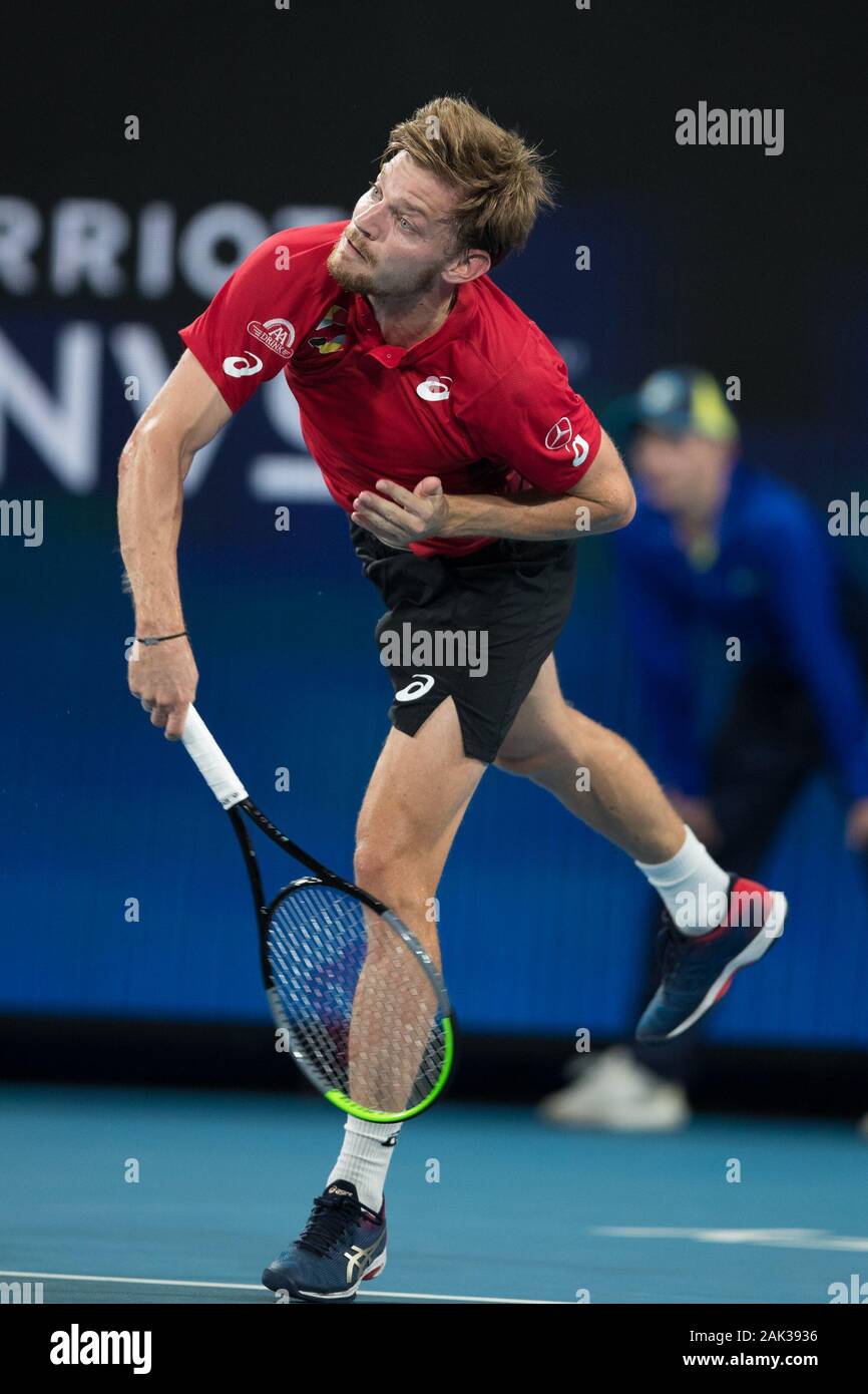 Sydney, Australia. 07Th gen, 2020. David Goffin del Belgio serve durante il 2020 ATP Cup presso il Ken ROSEWALL Arena, Sydney, Australia il 7 gennaio 2020. Foto di Peter Dovgan. Credit: UK Sports Pics Ltd/Alamy Live News Foto Stock