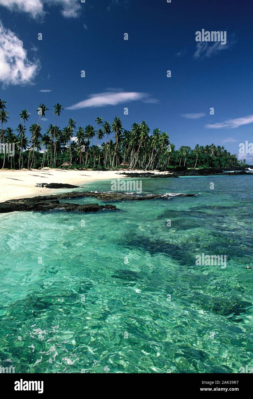 Palme linea fino a una spiaggia di sabbia in un'isola dell'Arcipelago Yasawa. Esso consiste di 20 isole vulcaniche e fa parte delle isole Figi. La FIJ Foto Stock