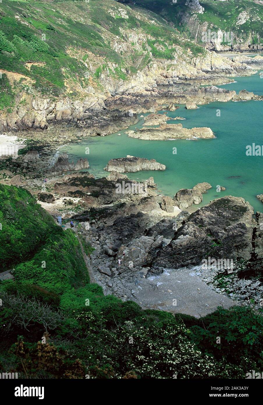 Vista sulla costa rocciosa del Moulin Huet Bay nei pressi di San Martino a sud dell'isola di Guernsey. Guernsey è una delle cinque isole Normandes Foto Stock