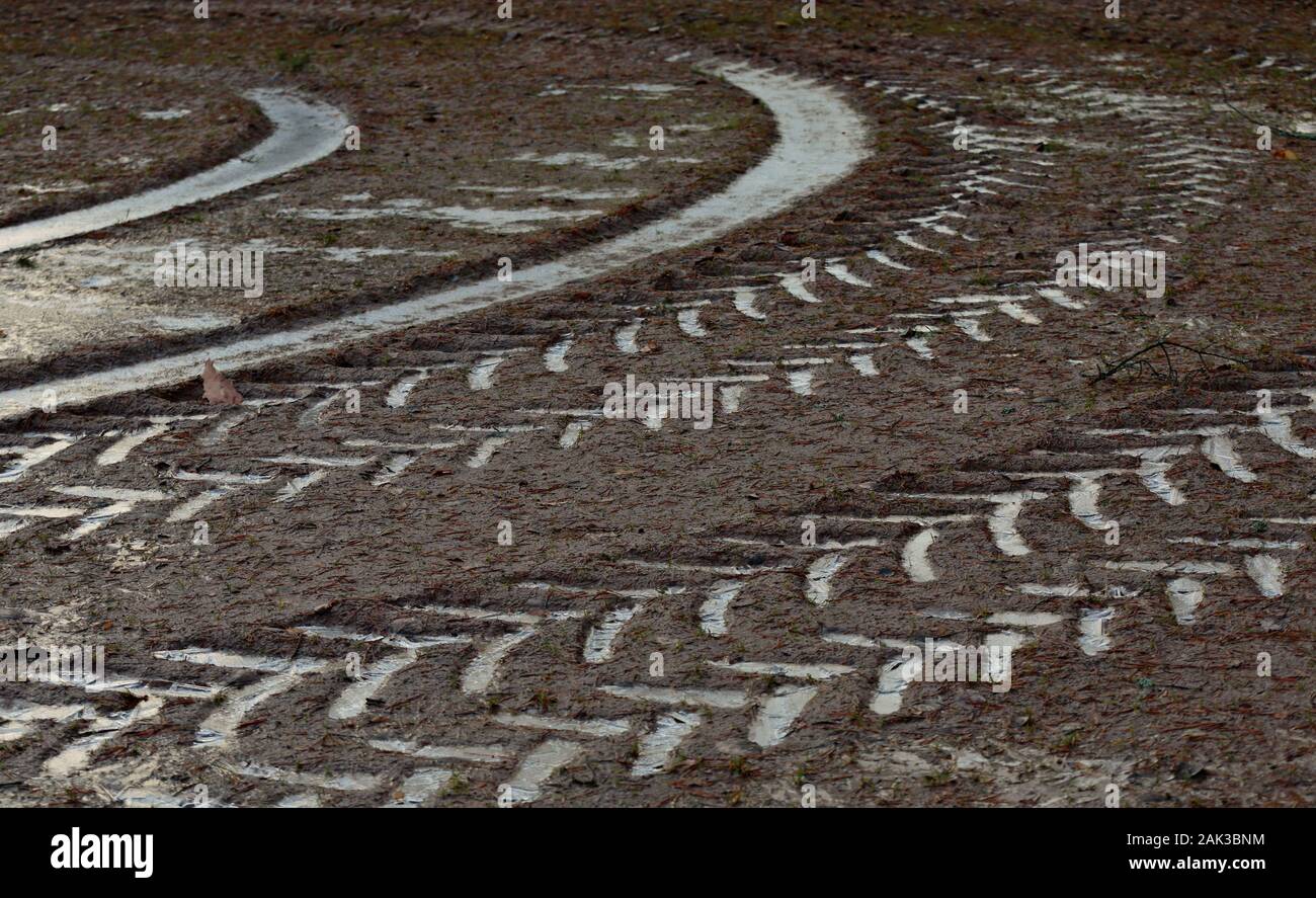 Piste curve di un trattore sul suolo ghiacciato Foto Stock