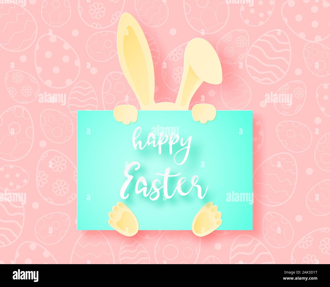 Felice Pasqua sfondo con bunny si nascondono dietro banner nella carta tagliata stile. Digitale carta craft tecnica. Illustrazione Vettoriale