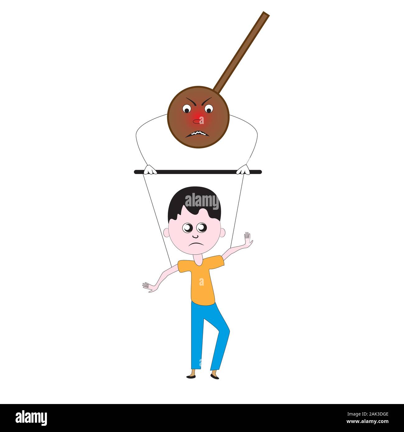 Un male distruttivo pendolo tira le stringhe del burattino l'uomo. Illustrazione Vettoriale