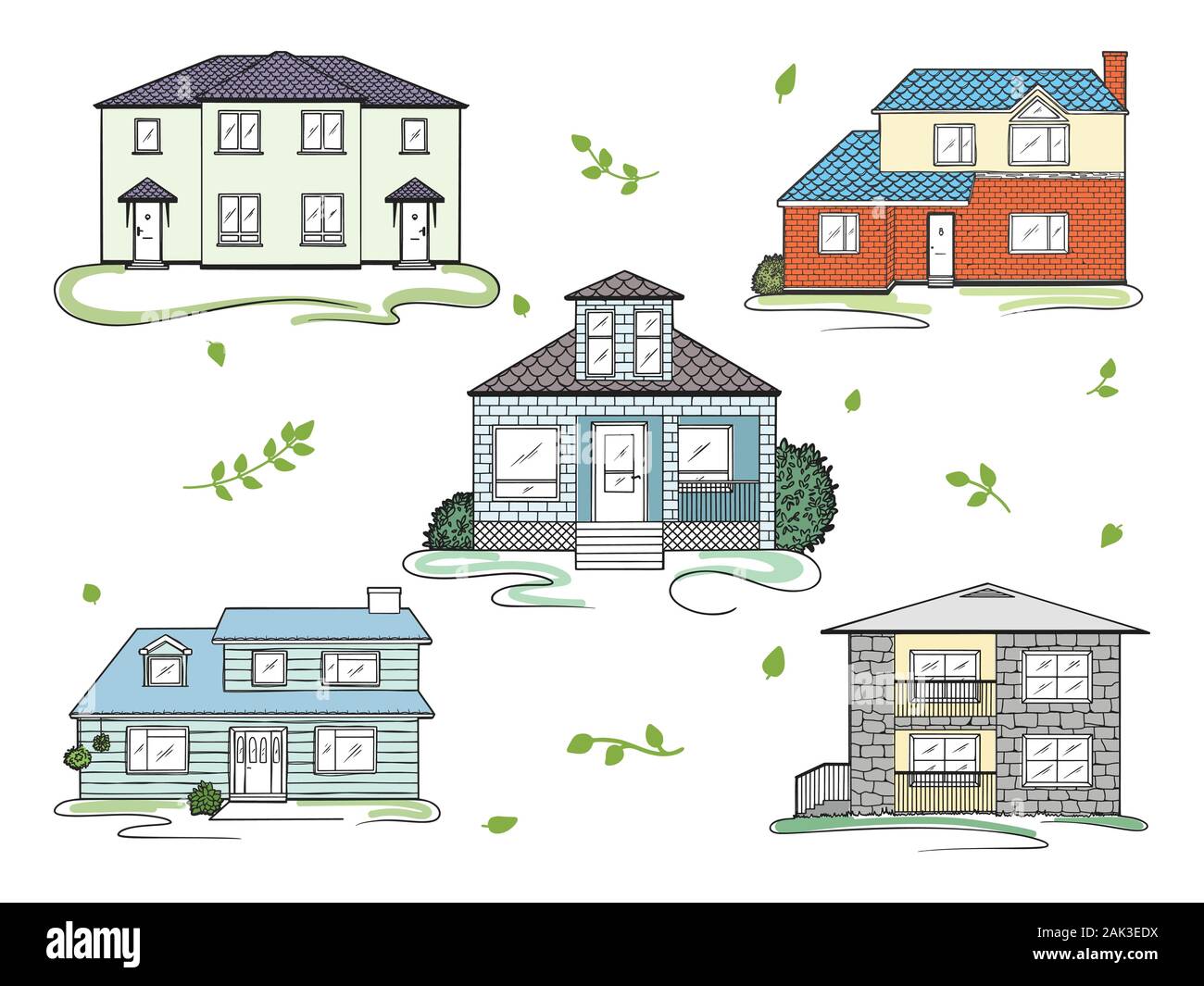 Set di diverse case. Illustrazione Vettoriale in uno schizzo di stile. Illustrazione Vettoriale