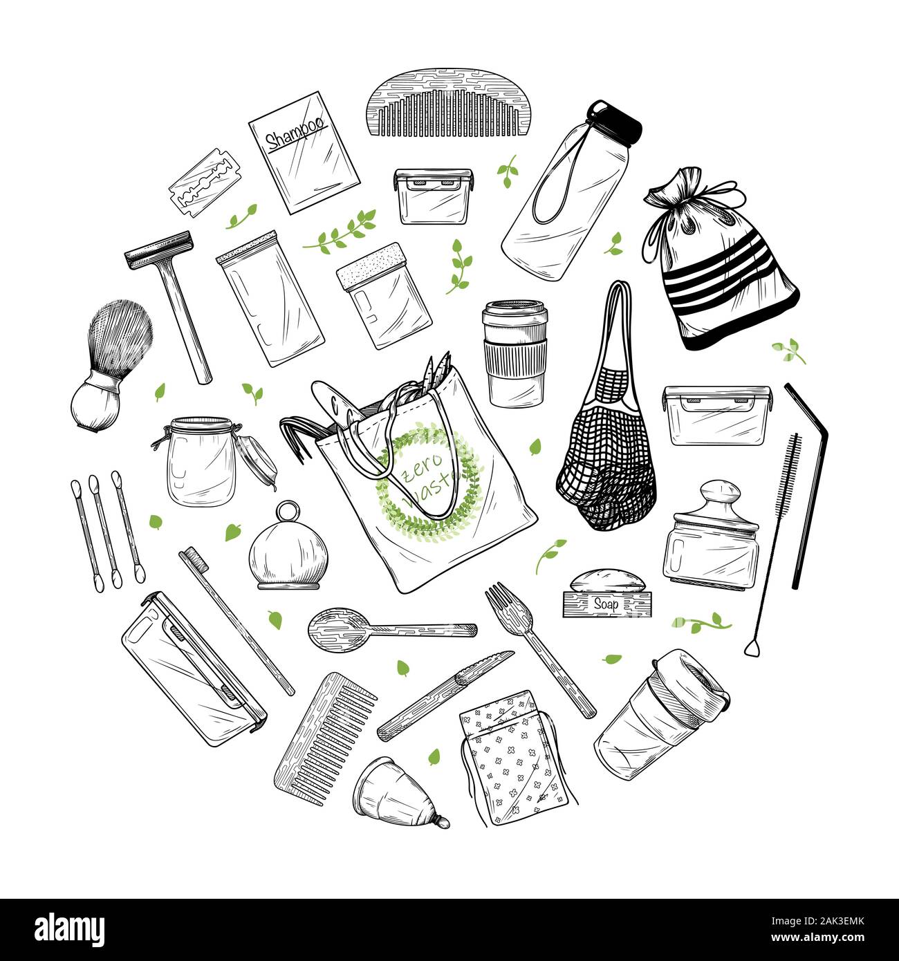 Set di grandi dimensioni di diversi elementi ambientali. Rifiuti Zero. Illustrazione Vettoriale Illustrazione Vettoriale
