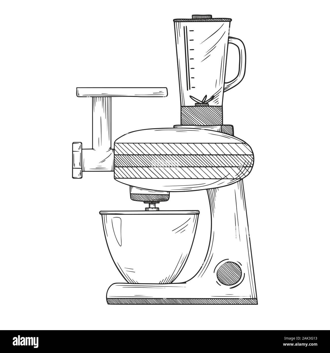 Robot da cucina con ugelli diversi isolati su sfondo bianco. Illustrazione Vettoriale in stile di disegno Illustrazione Vettoriale