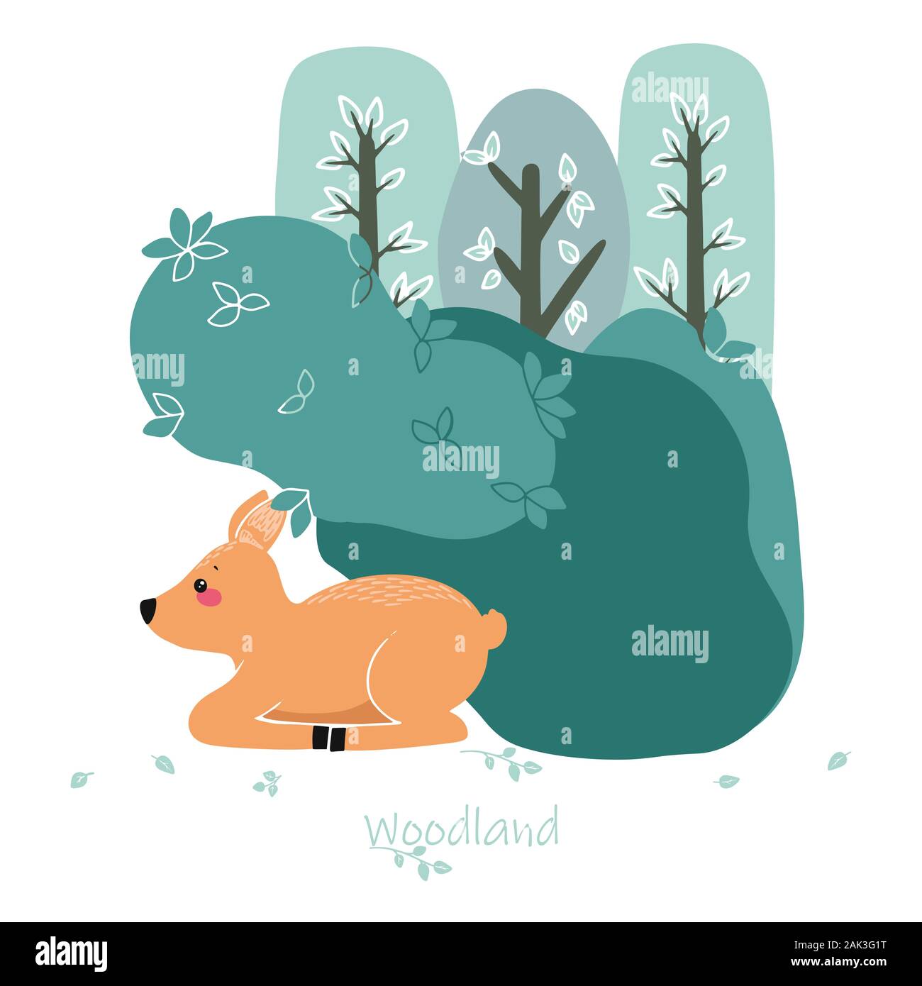 Carino, cervi rossi, capriolo sullo sfondo di un albero, Pianta, bush. Illustrazione Vettoriale in stile scandinavo. Illustrazione Vettoriale