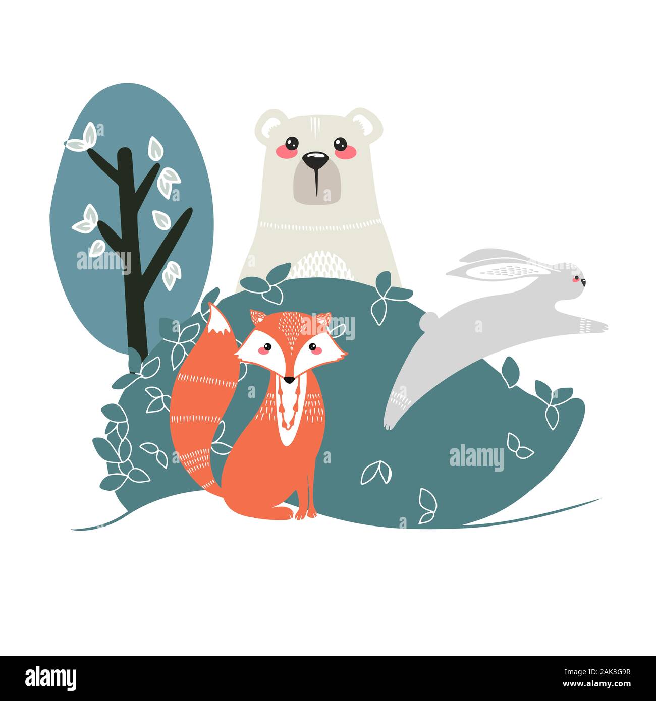 Simpatico orso, fox, lepre e coniglio su uno sfondo di piante. Mano Illustrazione disegnata in stile scandinavo. Illustrazione Vettoriale
