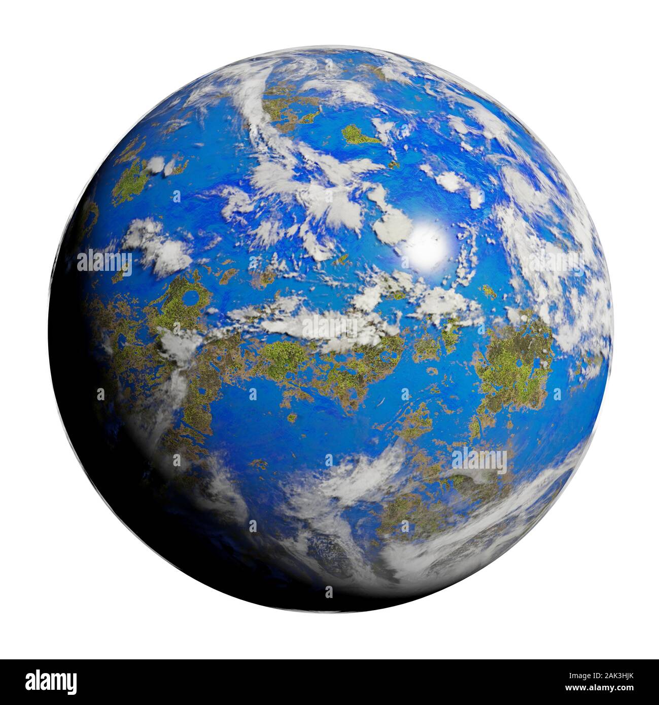 La Terra come pianeta alieno, friendly exoplanet con vita in superficie isolata su sfondo bianco Foto Stock