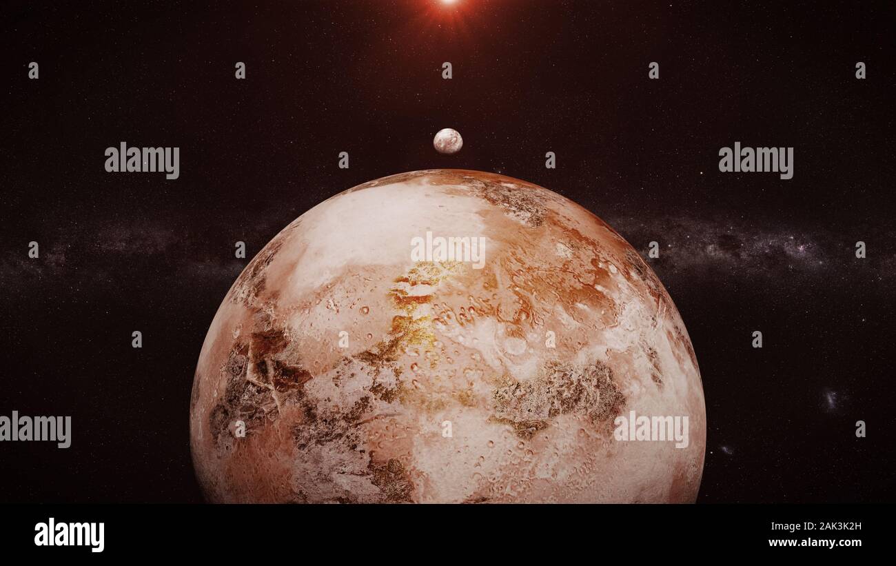 Bellissimo pianeta deserto, mondo con luna nel lontano sistema solare Foto Stock