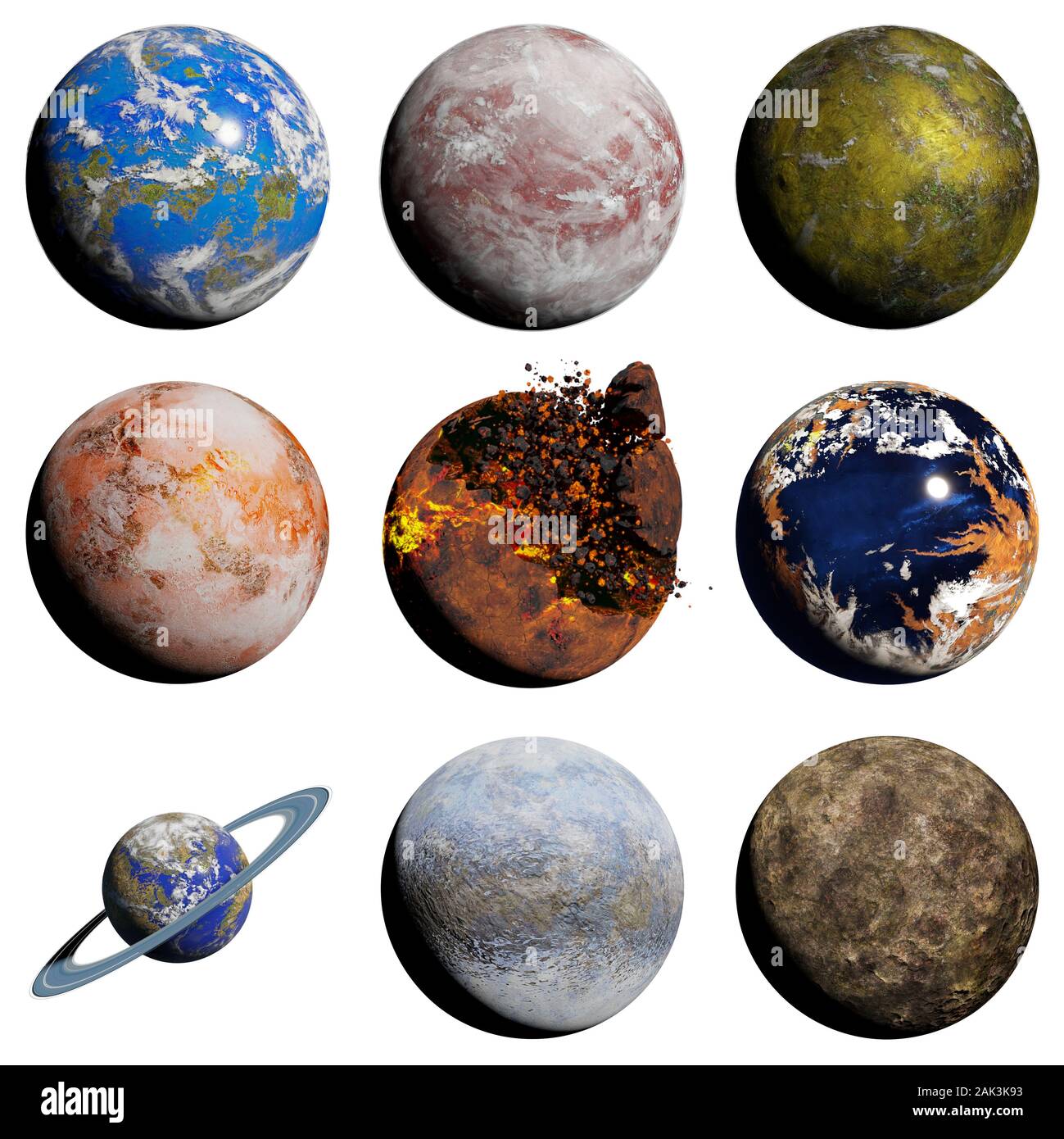 Set di pianeti alieni isolati su sfondo bianco, vicino esopianeti Foto Stock