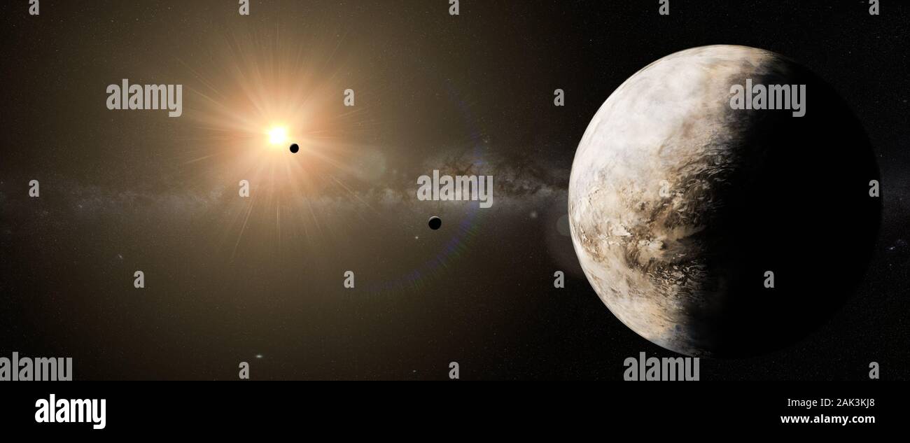 Mondo alieno, il pianeta con la luna nel lontano sistema solare Foto Stock