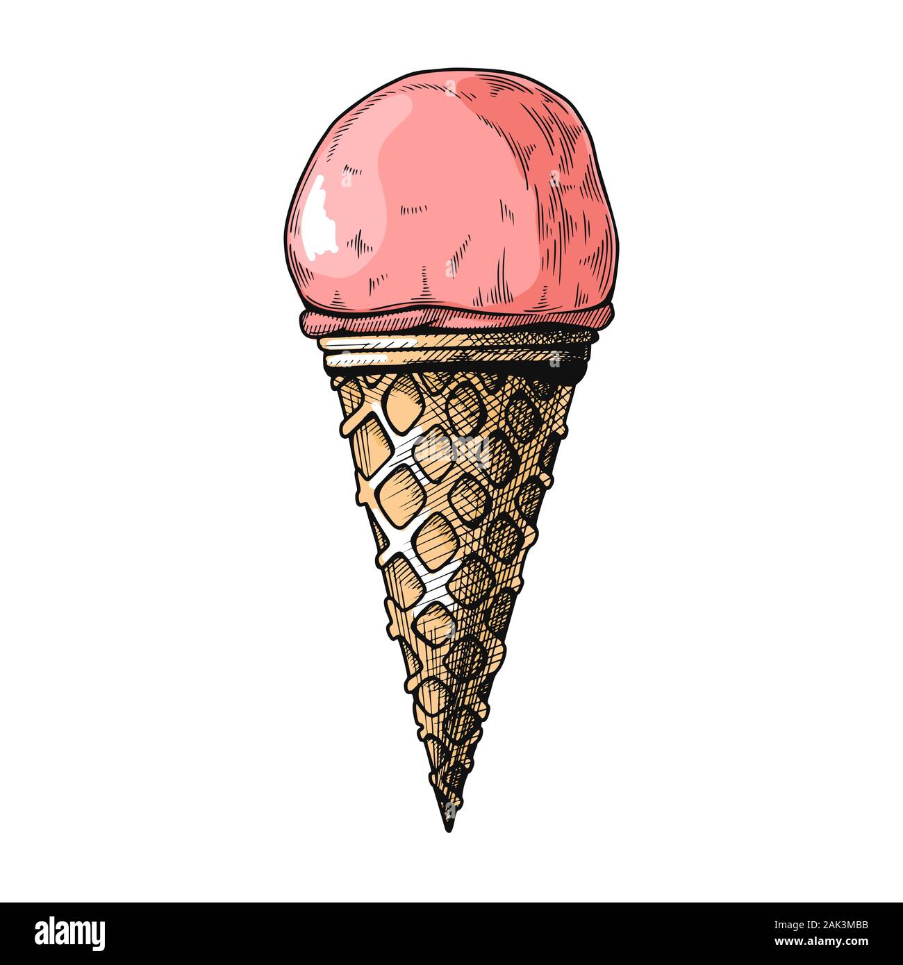 Schizzo realistici in un cono di cialda. Illustrazione Vettoriale nel disegno stile. Illustrazione Vettoriale