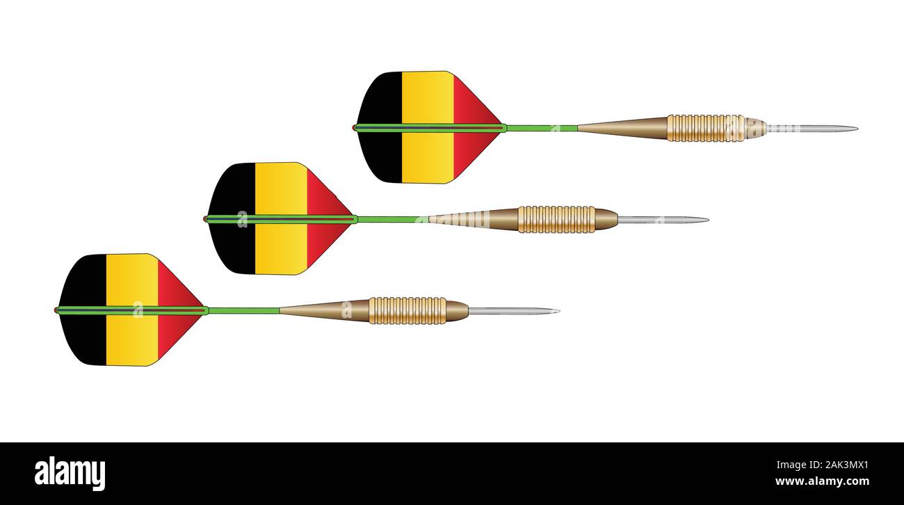 Un set di 3 freccette con voli in forma del Belgio bandiera su sfondo bianco Illustrazione Vettoriale