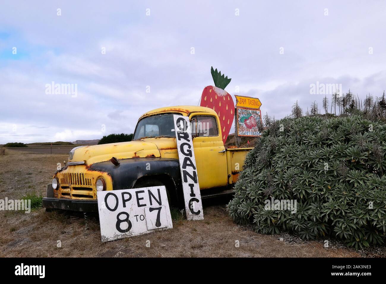 Alter pickup truck Am Rande des Highway 1 weist auf einen Bauern Markt mit organischen Lebensmittel hin, San Mateo County, Kalifornien, STATI UNITI D'AMERICA Foto Stock