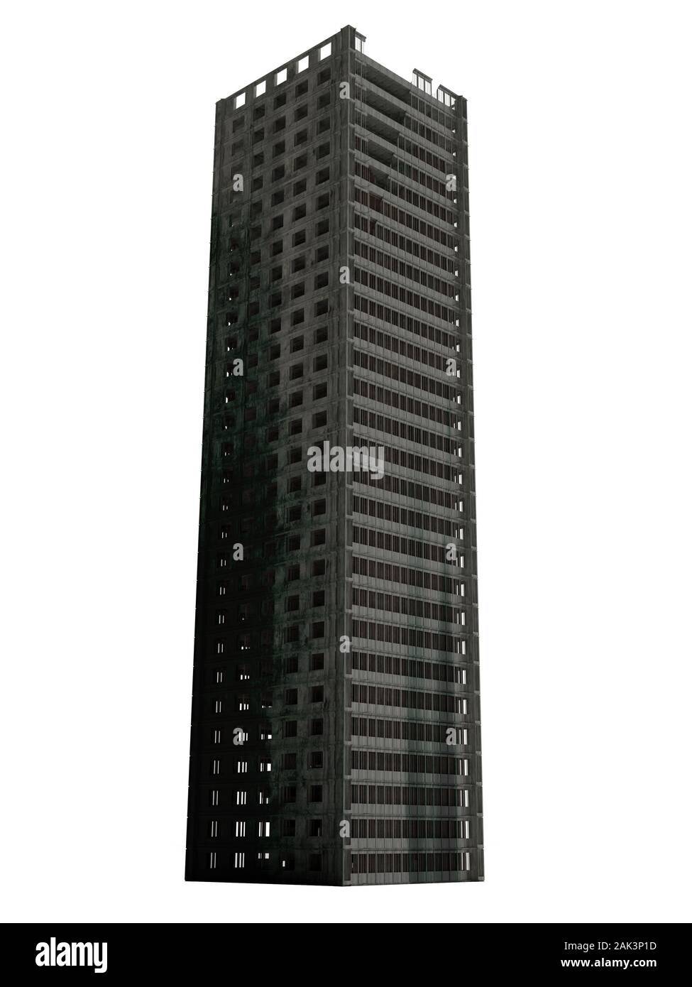 Il grattacielo in rovina, alto edificio dystopic isolati su sfondo bianco Foto Stock