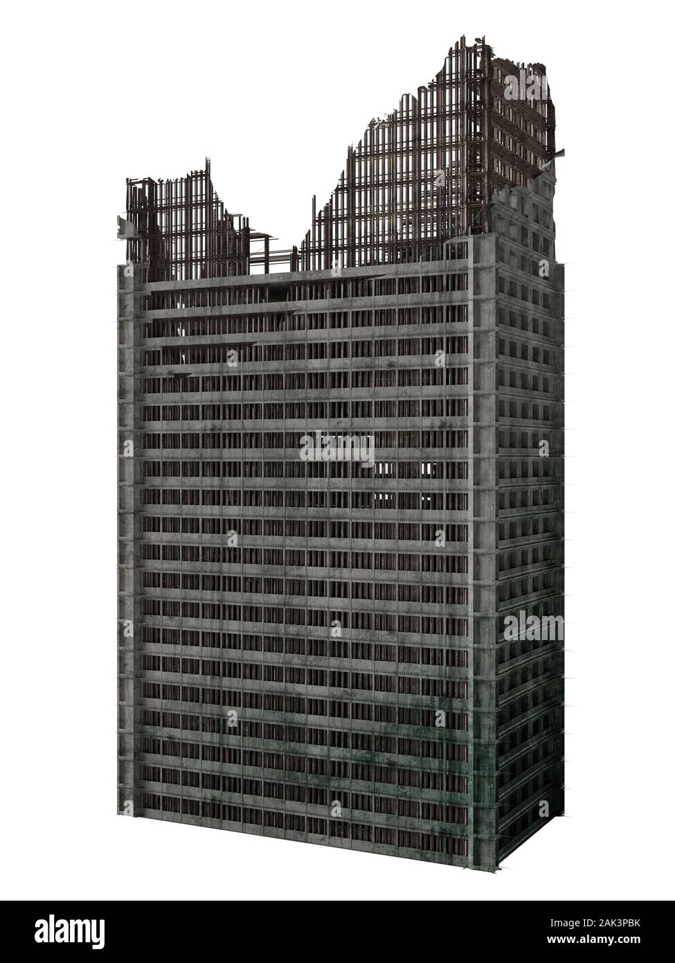Il grattacielo in rovina isolati su sfondo bianco Foto Stock