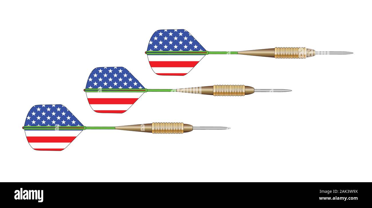Un set di 3 freccette con voli in forma di stelle e strisce della bandiera americana su sfondo bianco Illustrazione Vettoriale