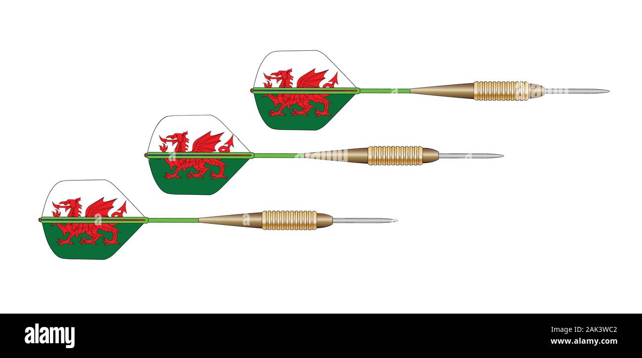 Un set di 3 freccette con voli in forma del Galles dragon bandiera su sfondo bianco Illustrazione Vettoriale