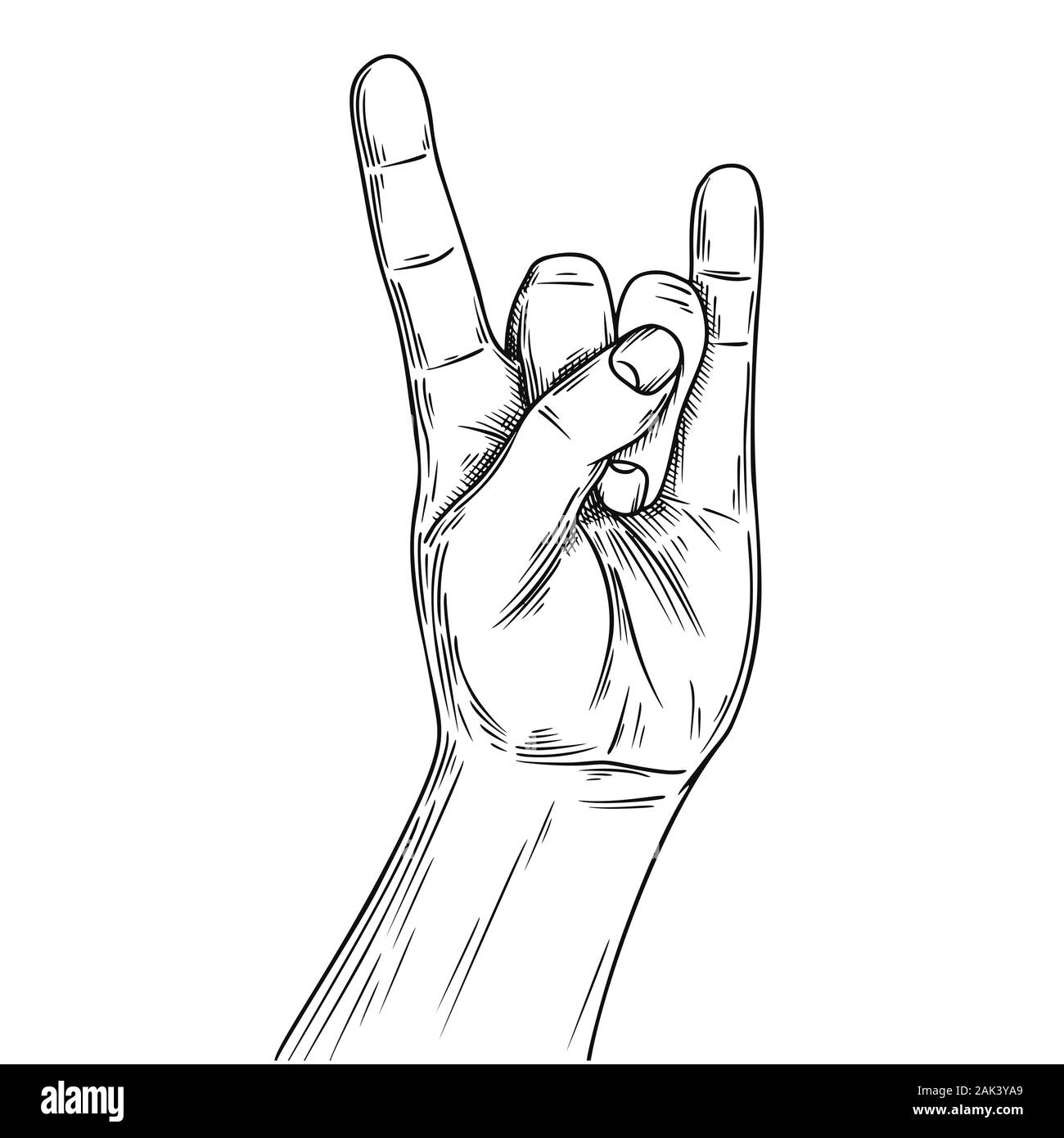 Mano che simboleggia un gesto rock 'n' roll. Illustrazione in stile sketch. Disegnato a mano illustrazione vettoriale Illustrazione Vettoriale