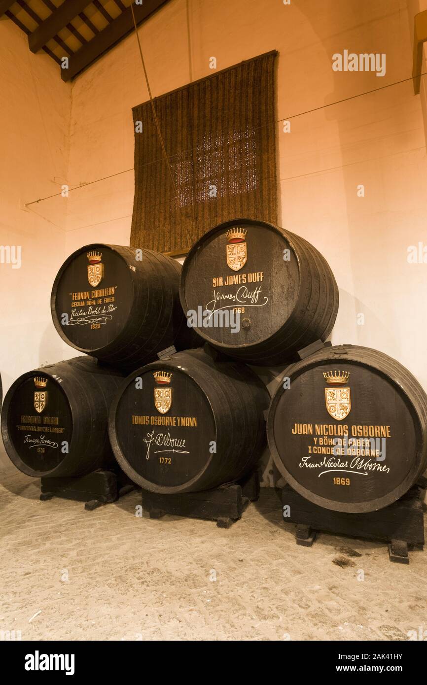 "Osborne Bodega' in El Puerto de Santa Maria, alle spanischen Persönlichkeiten signieren die alten Sherryfässer, hier die Signaturen der Firmenbegründ Foto Stock