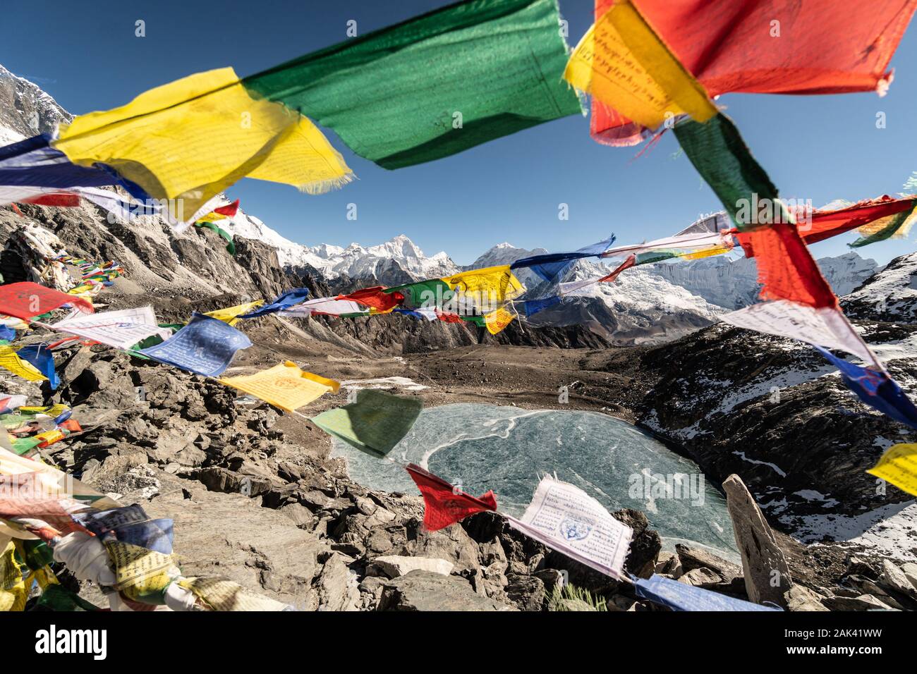 A forma di cuore sul lago congelato dalla sommità del Kongma La pass nel Khumbu in Himalaya nella valle Chukung in Nepal su una soleggiata giornata invernale Foto Stock