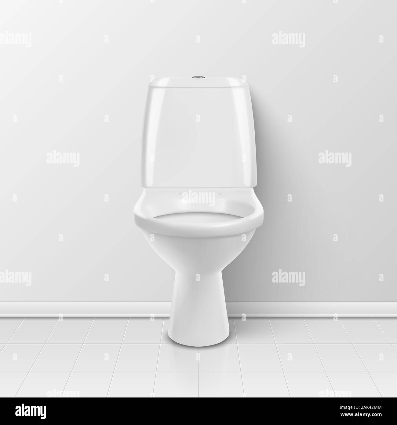 Vettore 3D realistici in ceramica bianca wc in bagno, WC Camera. Tazza igienica senza coperchio, IDROSANITARI, Mockup, Design modello per interno. Parte anteriore Illustrazione Vettoriale