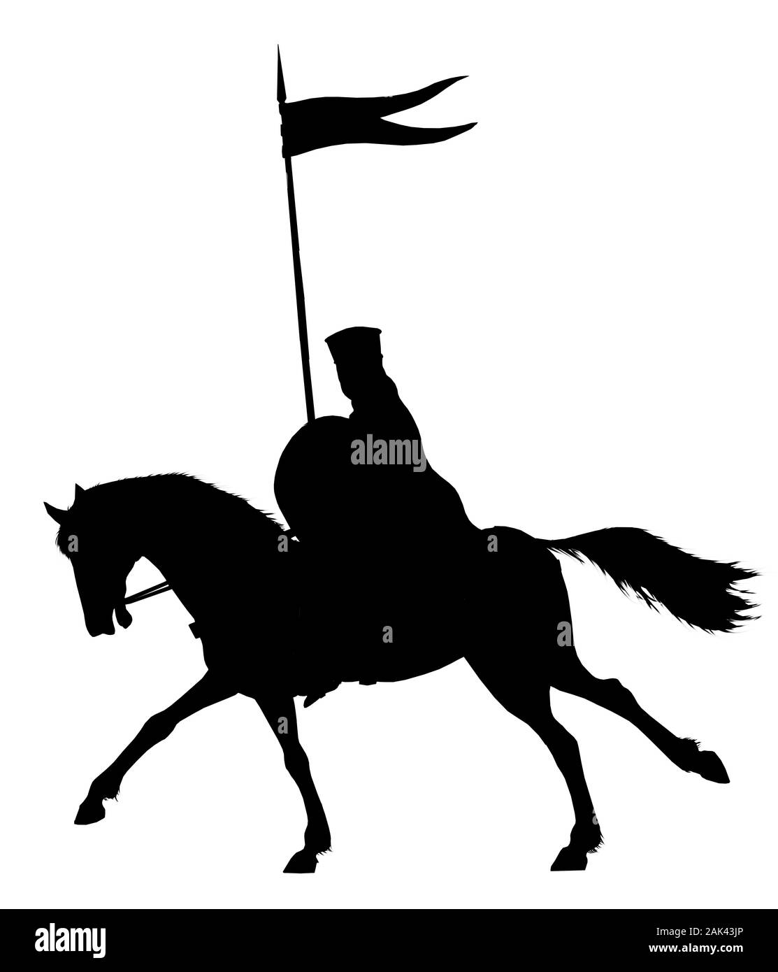 Medievale cavaliere montato illustrazione. Ospedaliere cavaliere a cavallo. Bianco e nero silhouette. Foto Stock