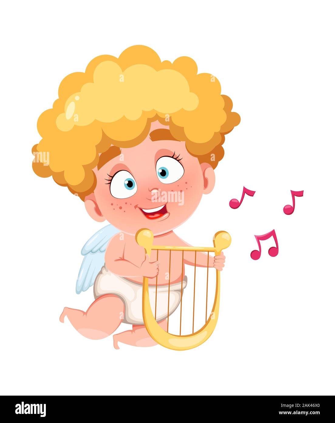 Buon San Valentino. Funny Cupido kid giocando sull'amore arpa, Cartoon carino carattere. Illustrazione di vettore isolato su sfondo bianco Illustrazione Vettoriale