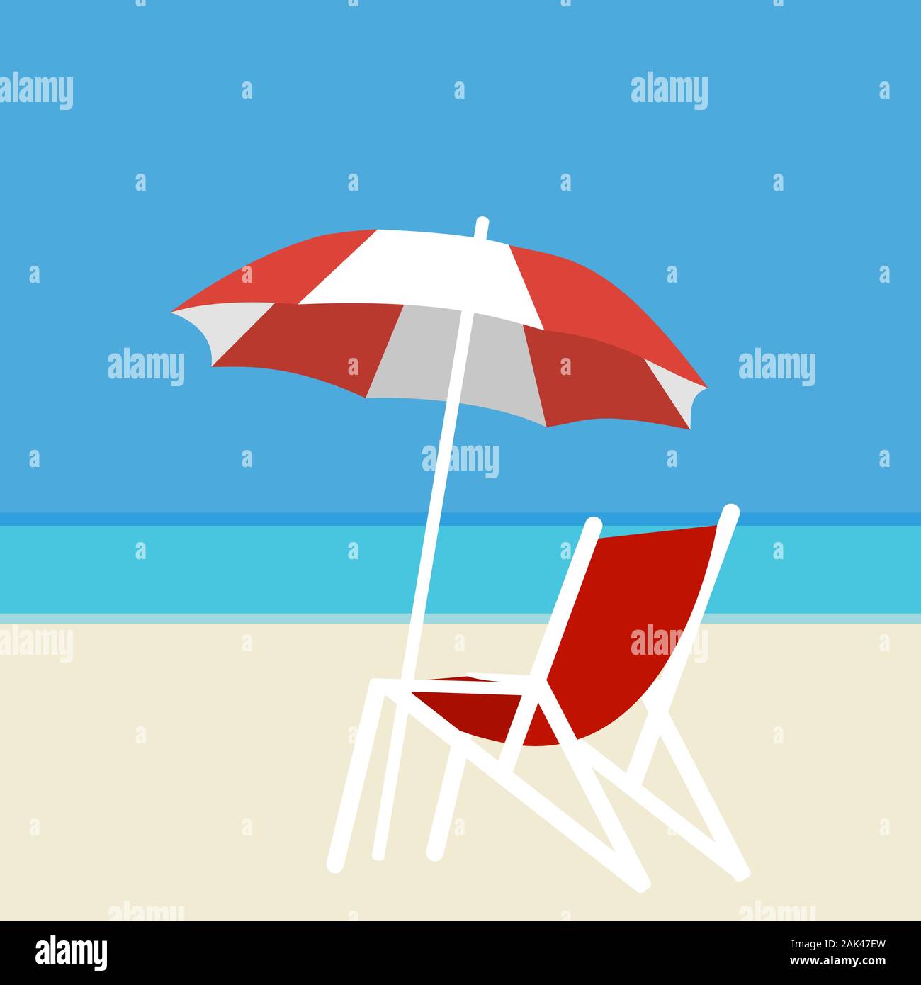 Sedia a sdraio e ombrellone sullo sfondo del mare e la sabbia bianca della spiaggia. Illustrazione Vettoriale