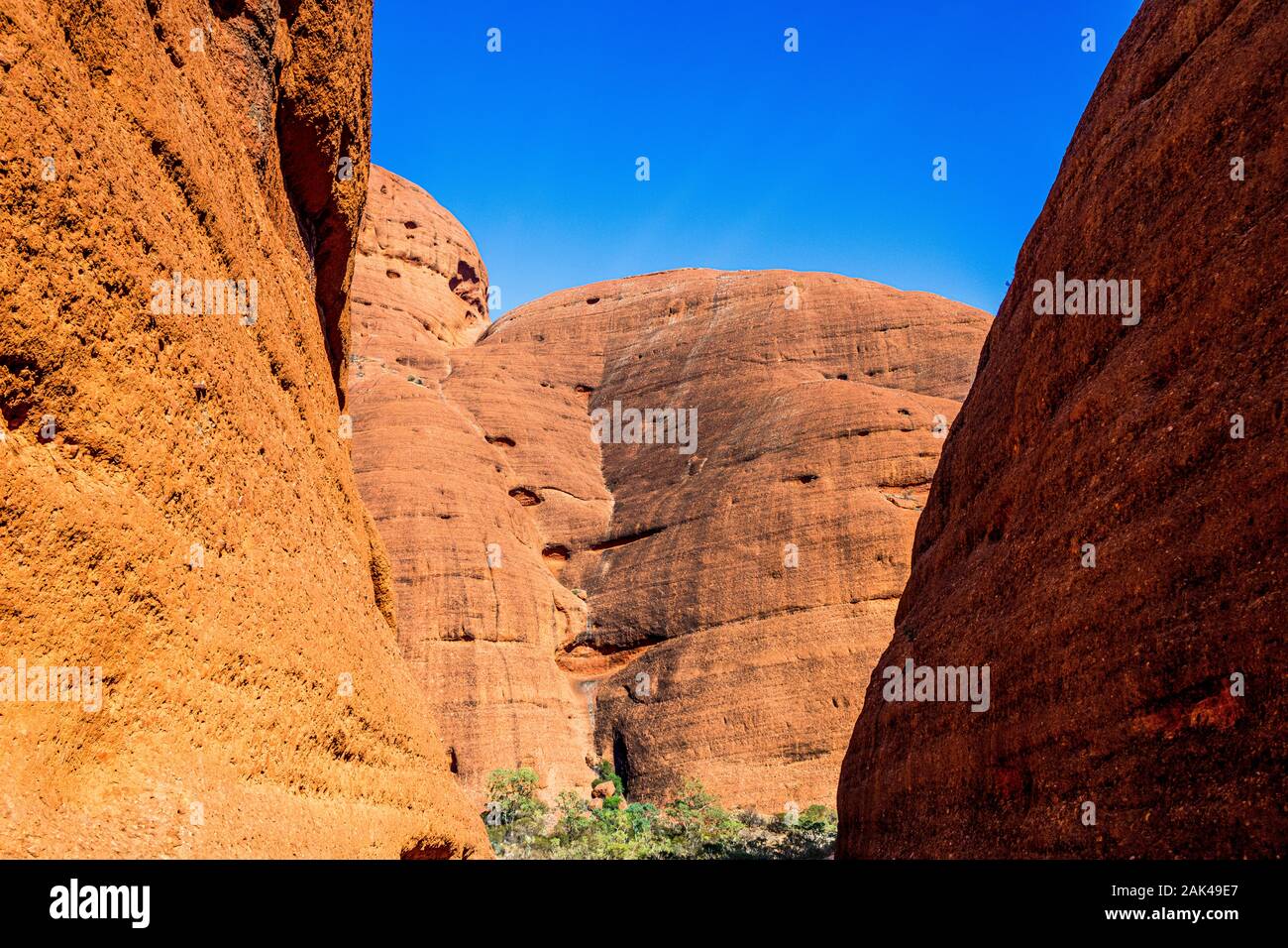 Passeggiata della Valle dei Venti nell'Olgas. Kata Tjuta, Territorio del Nord, l'Australia Foto Stock