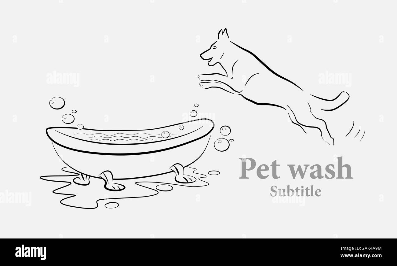 Lavaggio del cane, pet health care soluzione flat minuscole logo design modello. Sfondo grigio Illustrazione Vettoriale