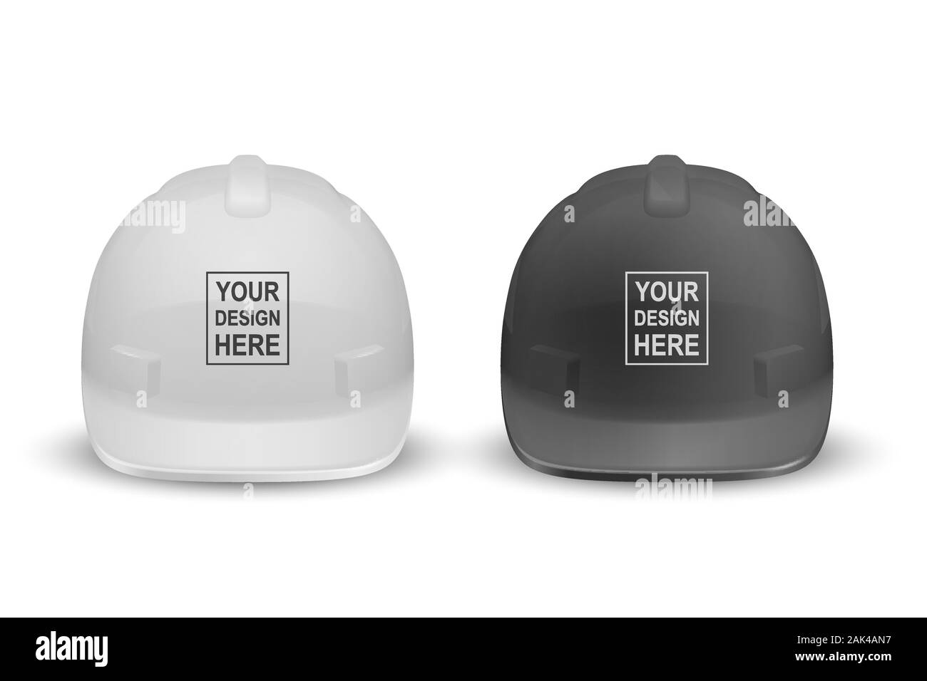 Vettore 3D realistici in bianco e nero in plastica casco di sicurezza Imposta icona Closeup isolati su sfondo bianco. Proteggere la testa, la costruzione, la riparazione. Progettazione Illustrazione Vettoriale