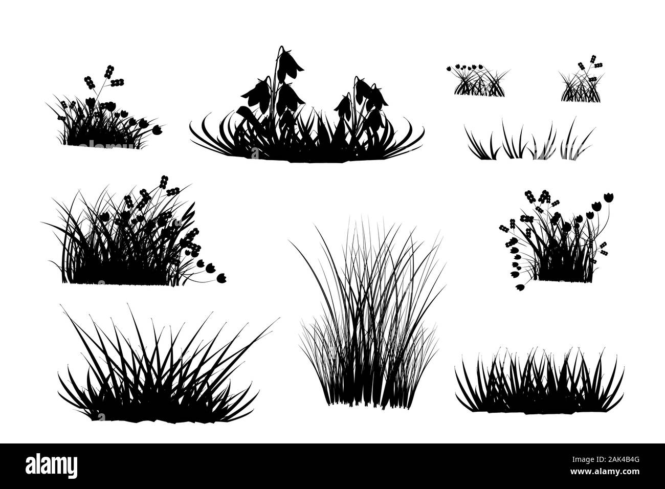 Set di black grass sagome isolati su sfondo bianco. La raccolta di erba di prato ed erbe sagome.Nero forme ciuffi di erba.vettore di stock Illustrazione Vettoriale