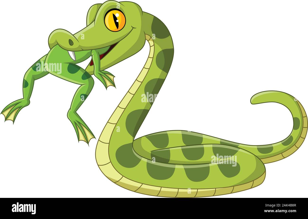 Cartoon green snake mangiare una rana Illustrazione Vettoriale