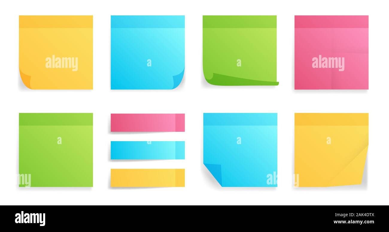 Raccolta di diversi fogli colorati di nota le carte con angolo arricciato, pronto per il tuo messaggio. Realistico illustrazione vettoriale. Isolato su bianco bac Illustrazione Vettoriale