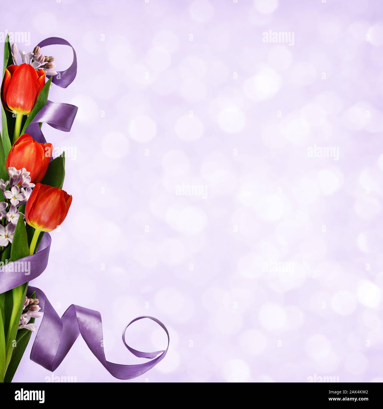 Tulipani rossi con fiori lilla e nastro di seta in angolo sistemazione a molla su sfondo viola. Holiday bokeh di fondo. Foto Stock