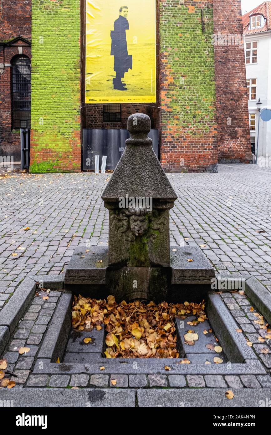 Copenhagen, Danimarca. Granito fontana di acqua installato al di fuori della Chiesa Nikolaj sul Højbro Plads piazza nel 1899. Leonard Cohen manifesto della mostra Foto Stock