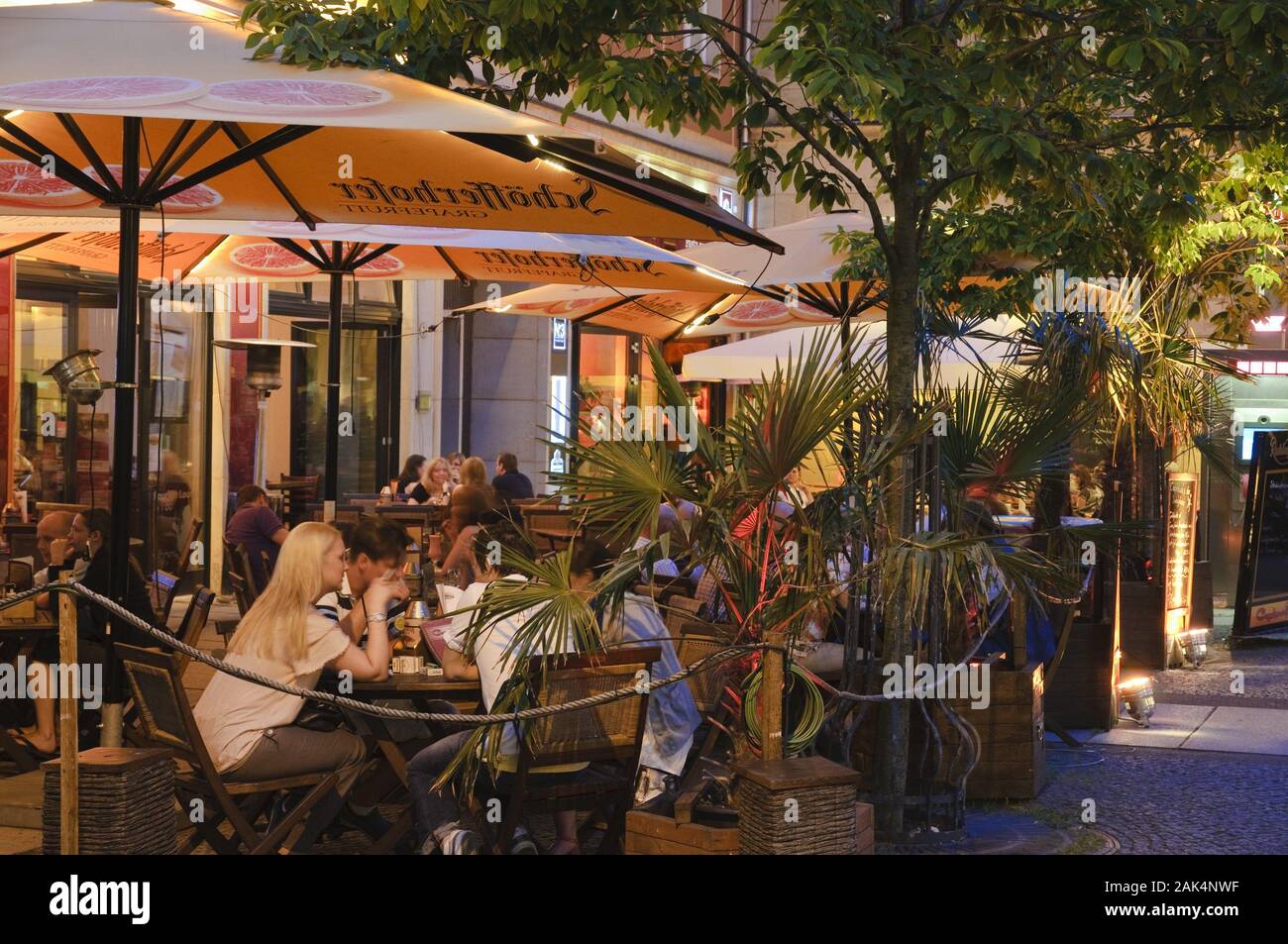 Ristoranti am Gänsediebbrunnen in der Weißen Gasse, am Abend, Dresda | Utilizzo di tutto il mondo Foto Stock