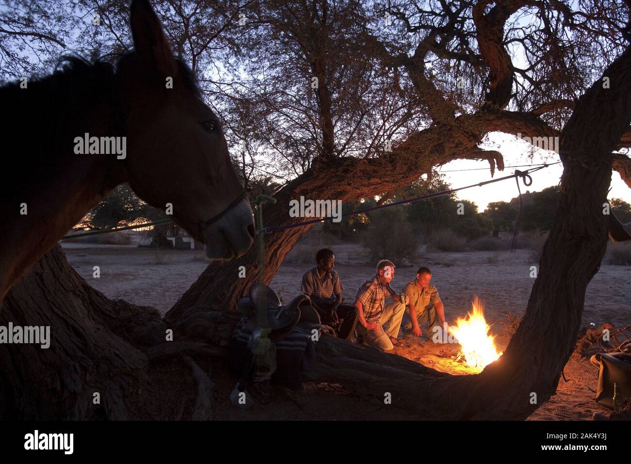 Keetmanshop: Trekkinggruppe beim Abendessen am Lagerfeuer im Fish River Canyon Park (Fischfluss-Canyon), Namibia | Utilizzo di tutto il mondo Foto Stock