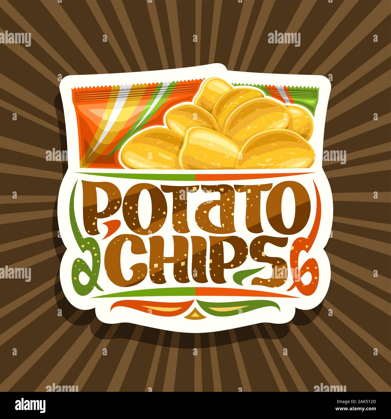 Il logo del vettore per patatine, etichetta decorativo con illustrazione del mucchio di patate croccanti e 2 confezioni di plastica, il taglio della carta tag con lettering originale fo Illustrazione Vettoriale