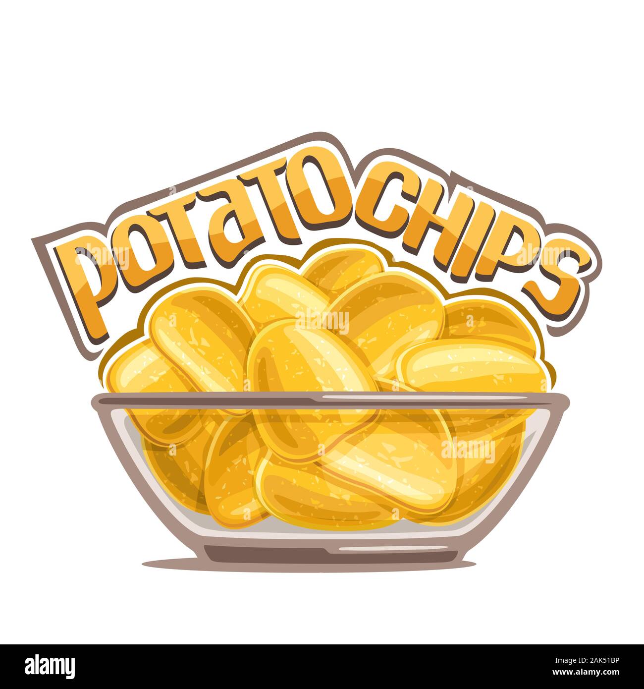 Illustrazione Vettoriale di patatine, il mucchio di fatti in casa di patate fritte in vaschetta trasparente e lettering originale per parole potato chips su bianco backg Illustrazione Vettoriale