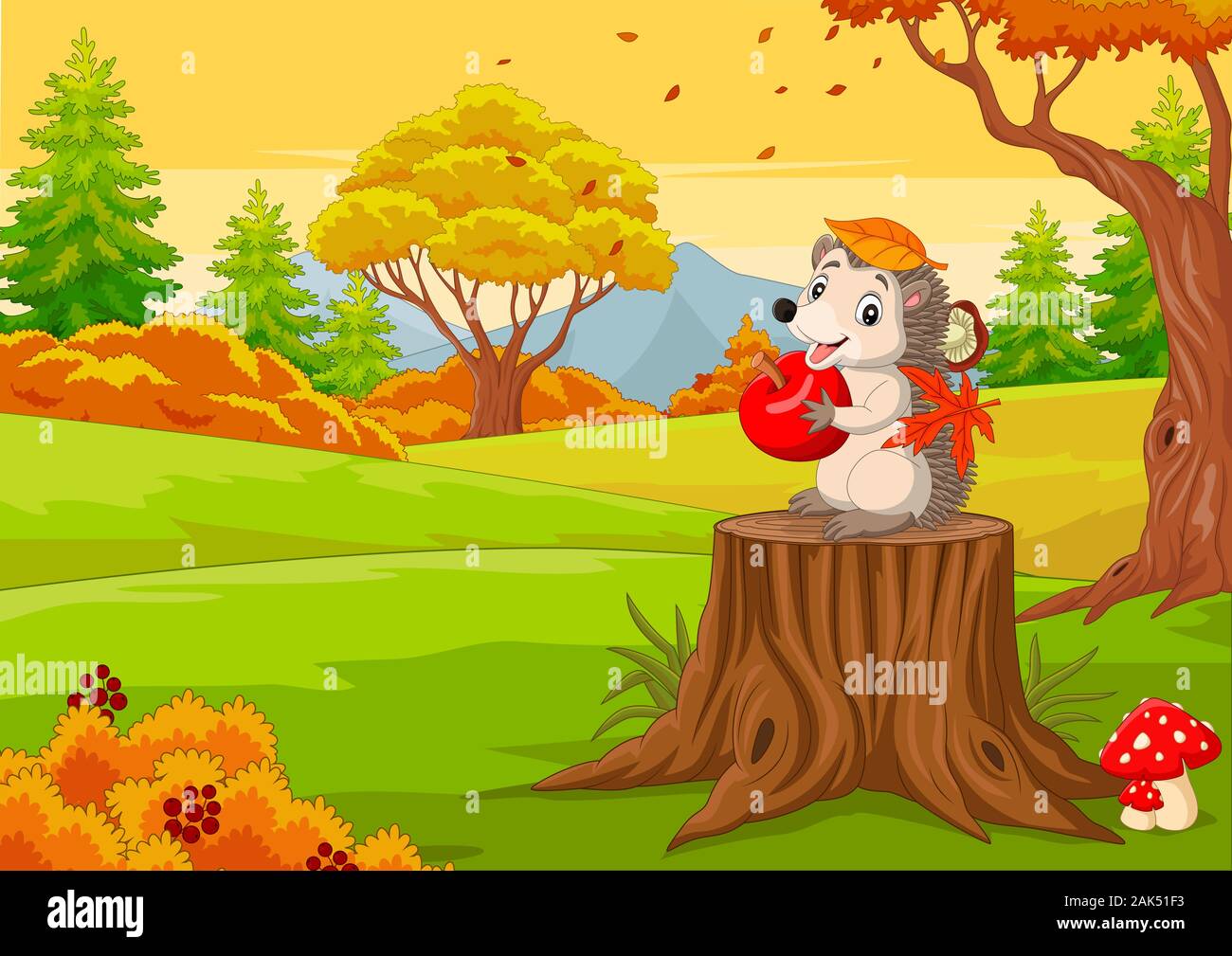 Cartoon holding hedgehog red apple nella foresta di autunno Illustrazione Vettoriale