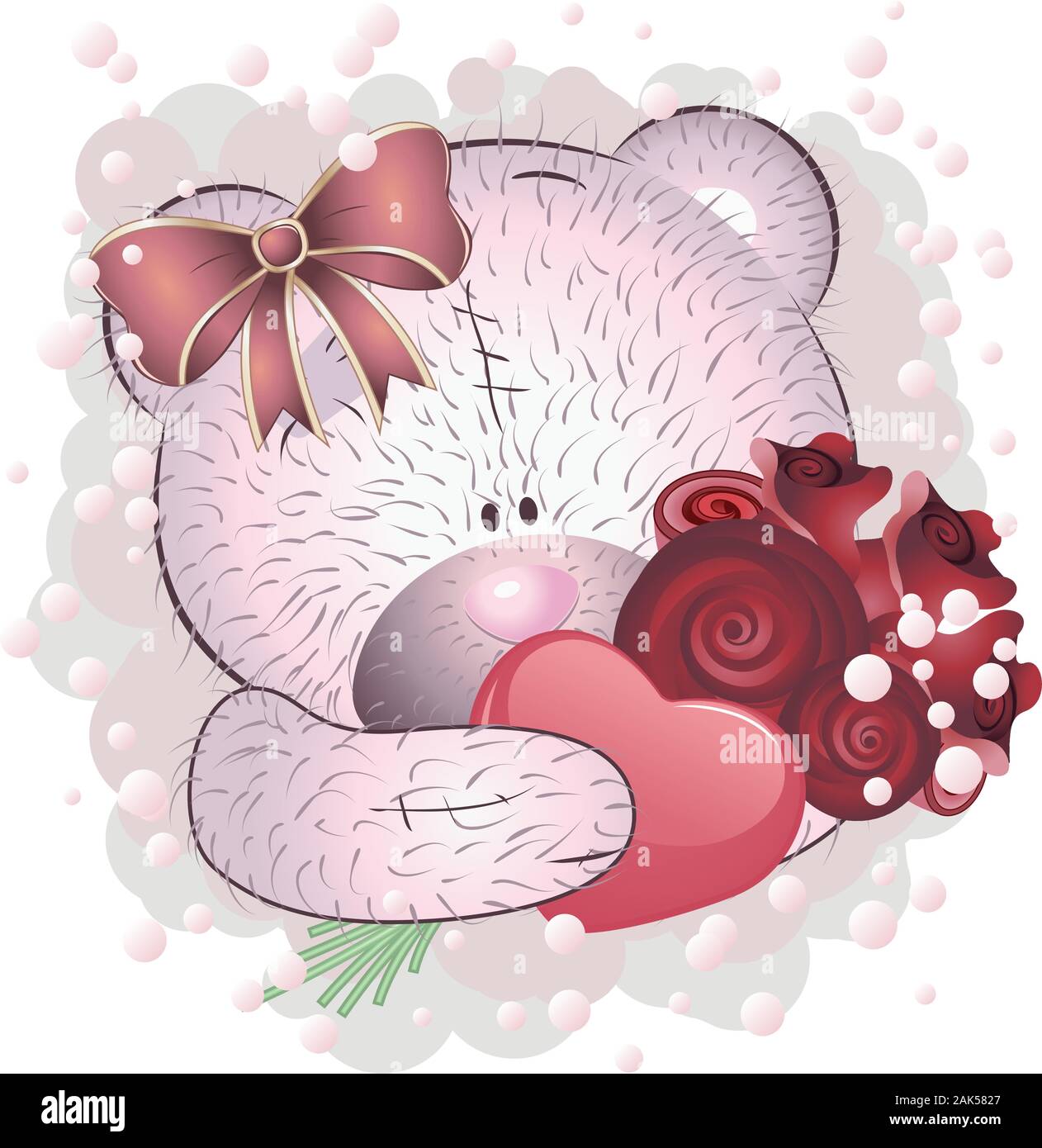Cartoon carino rosa orsacchiotto con rose su sfondo bianco. Illustrazione Vettoriale