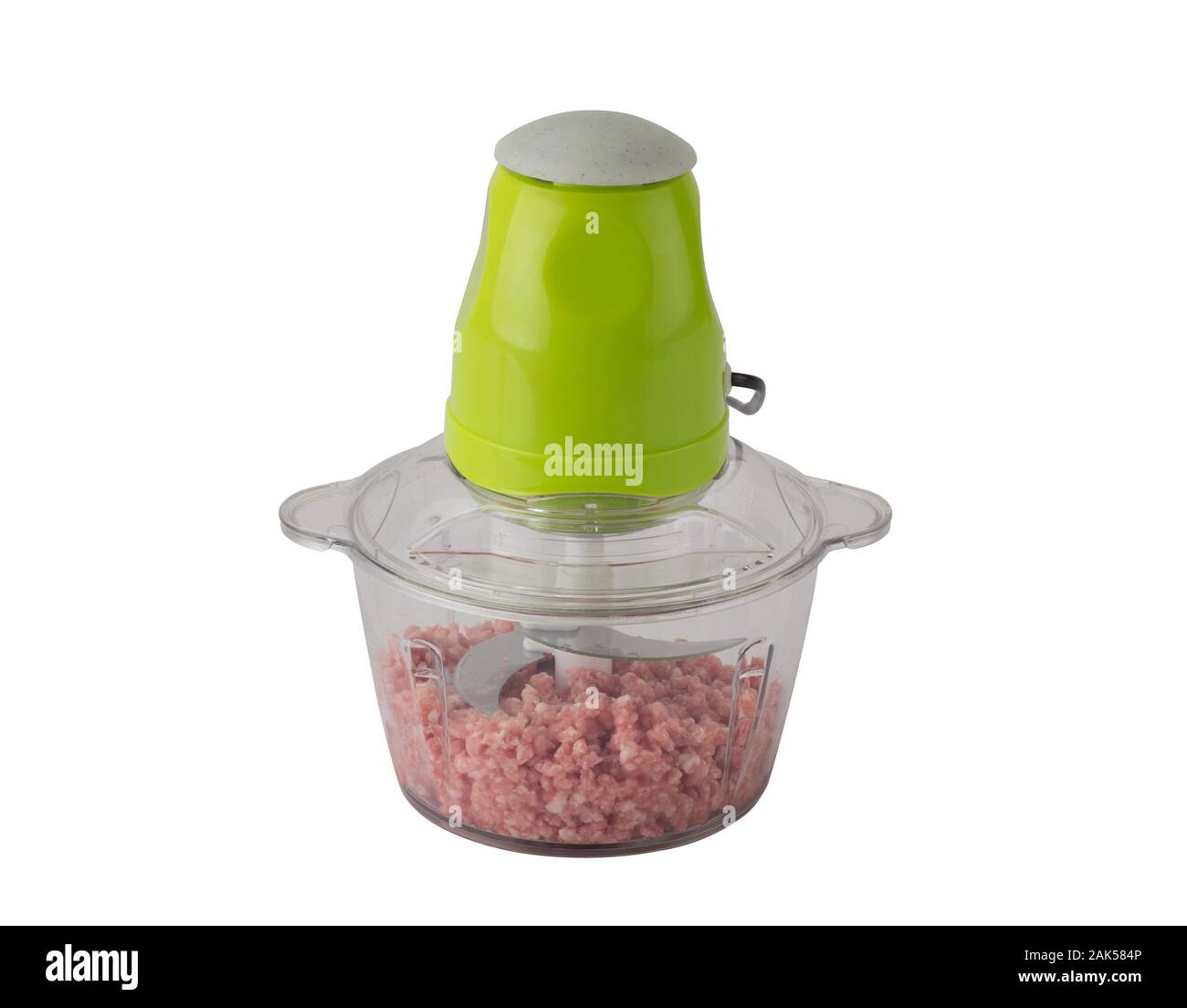 Robot da cucina con carne di maiale tritata all'interno isolato su sfondo bianco Foto Stock