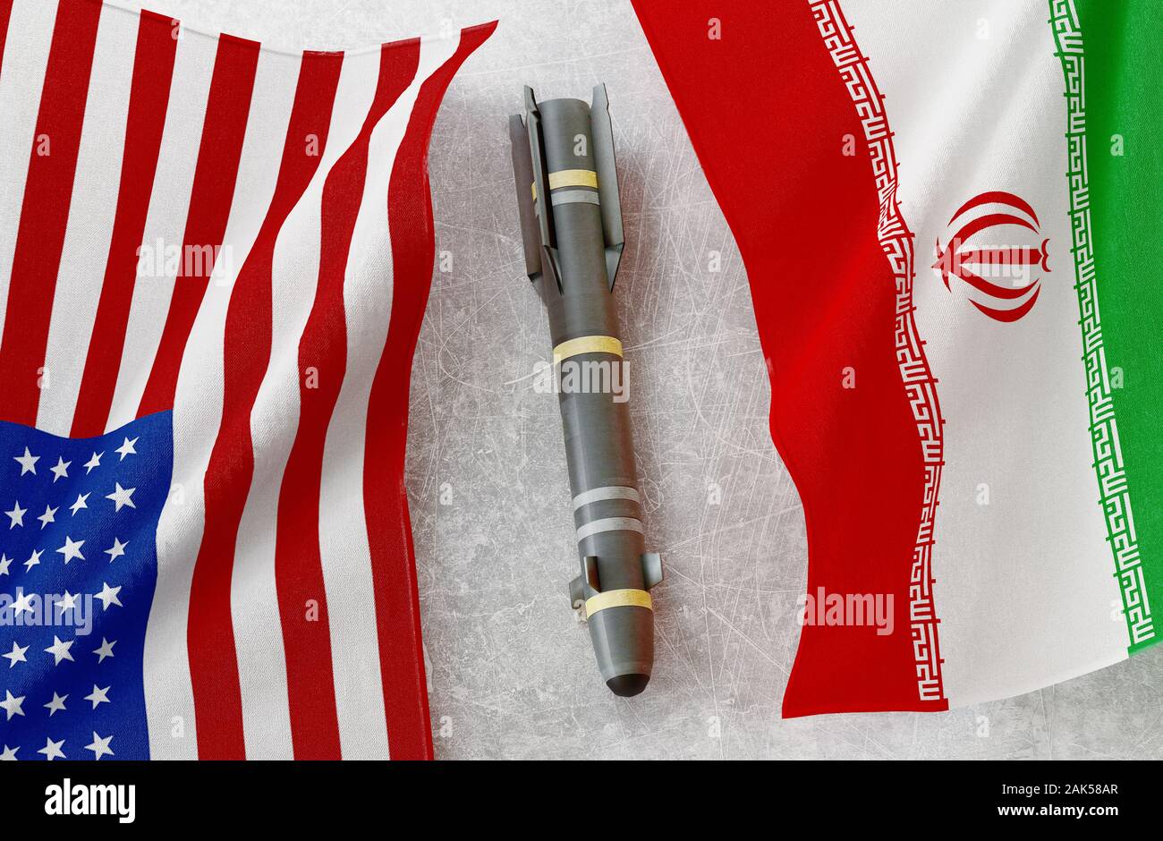 Iran bandiera e bandiera degli Stati Uniti. Nucleare rischio atomico. Il concetto di guerra. Il rendering 3D Foto Stock